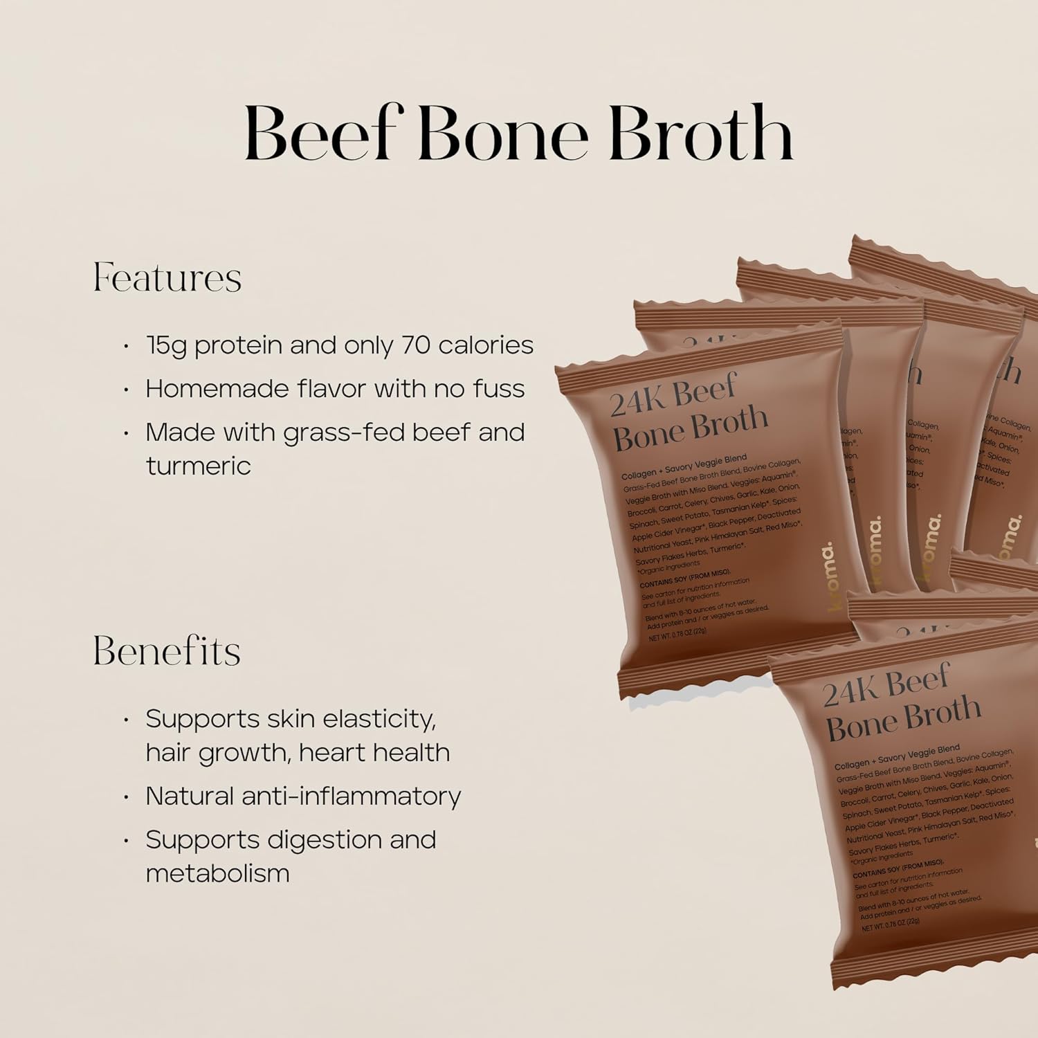Kroma 24K Beef Bone Broth Powder - 10 Servings Jar, 7.8 Oz – 100% Grass Fed Gluten Free Powder - Collagen-Rich High Protein Broth w/Organic Ingredients - Animal Based Protein for Gut Health & Joint Support