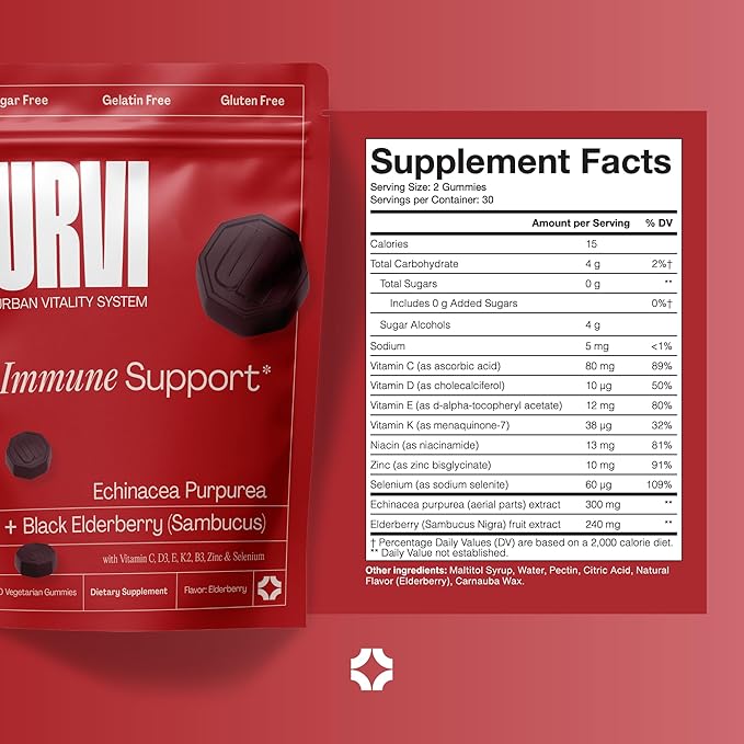 URVI® Immune Support Gummies - Vitamin C, D3 K2, E, Niacin, Zinc & Selenium with Elderberry & Echinacea - Multivitamin, Antioxidants, Immunity Supplement - Vegetarian & Sugar Free - 60 Count