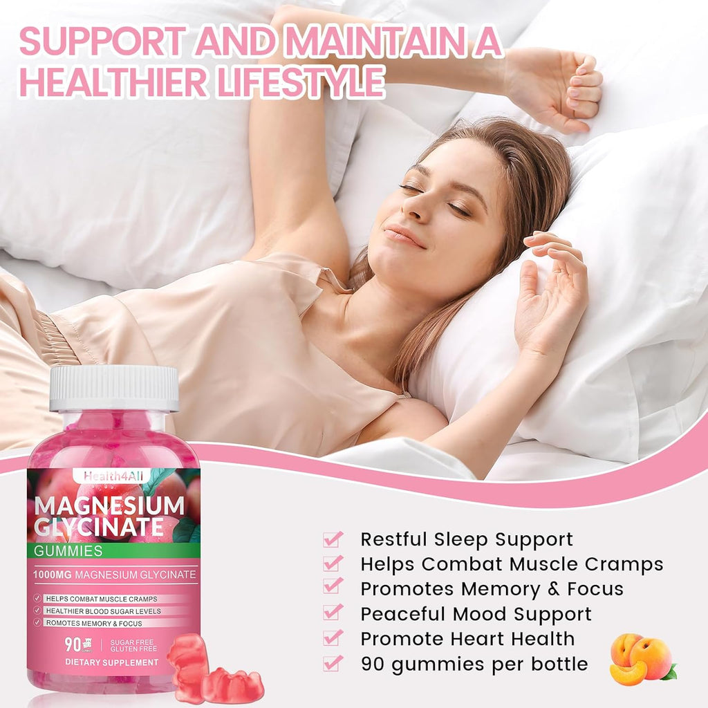 Magnesium Glycinate Gummies 1000mg, High Absorption Sugar Free Magnesium Potassium Supplement for Relaxation, Stress Relief, and Sleep Support for Adults & Kids - 180 Peach Gummies