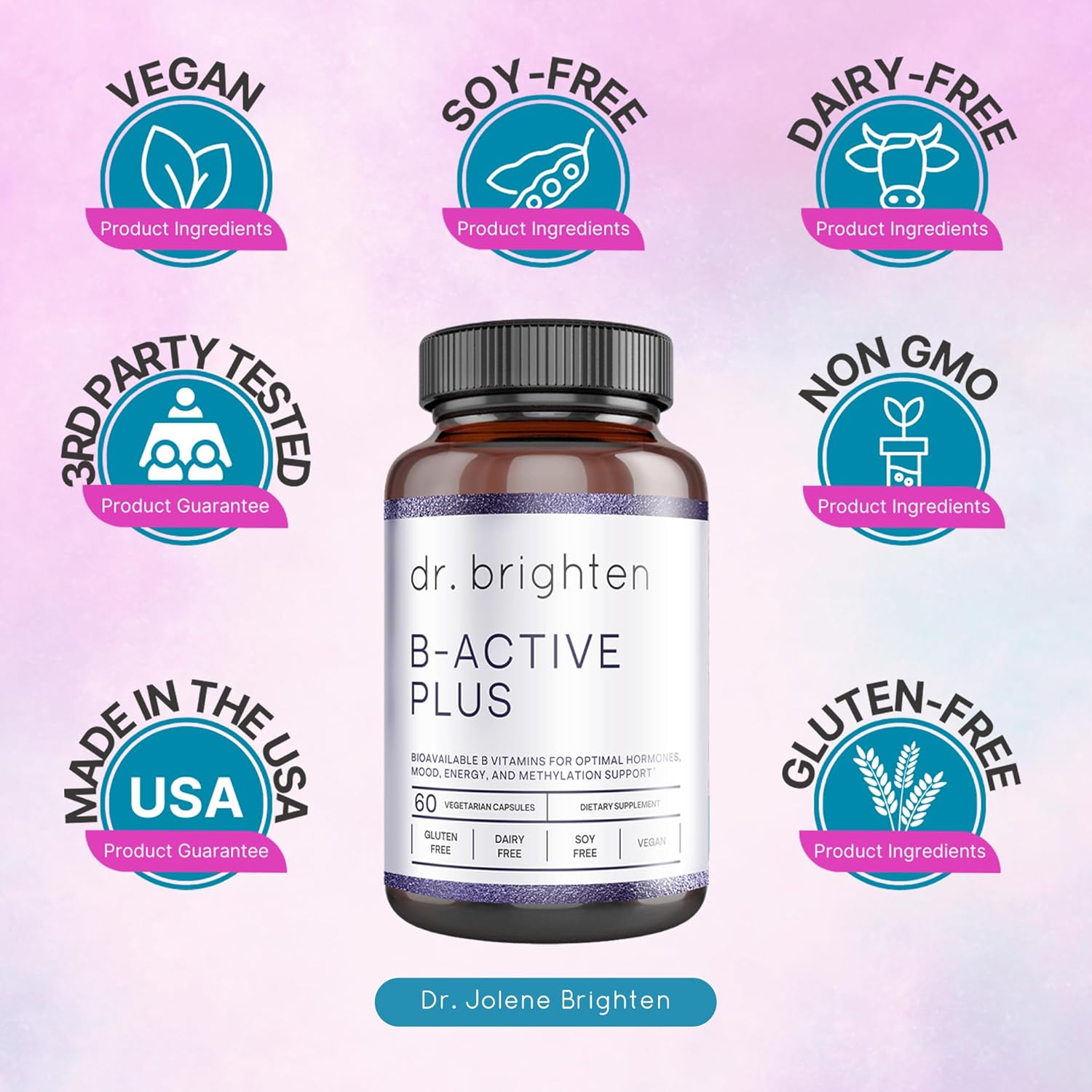 Dr. Brighten B-Active Plus — Vegan B Vitamin Supplement for Energy, Metabolism, Heart Health, Improved Memory — 60 Capsules