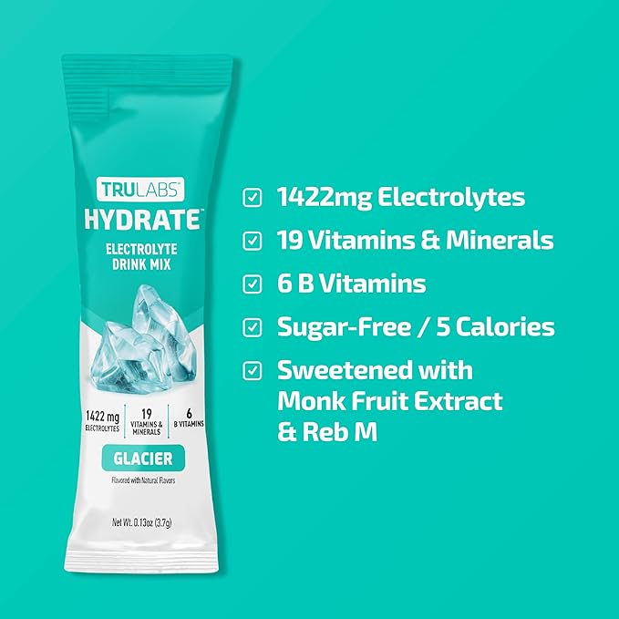 TRULABS Hydrate - Glacier. Sugar Free Electrolytes Hydration Packets. Each Serving Contains 1422 mg of Electrolytes &19 Vitamins & Minerals (16 ct)