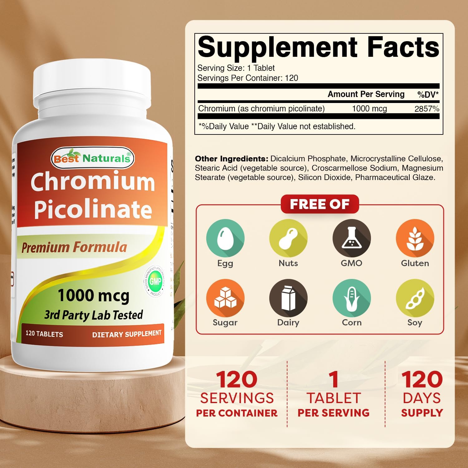 Best Naturals Chromium Picolinate 1000 mcg 120 Tablets (Pack of 2)