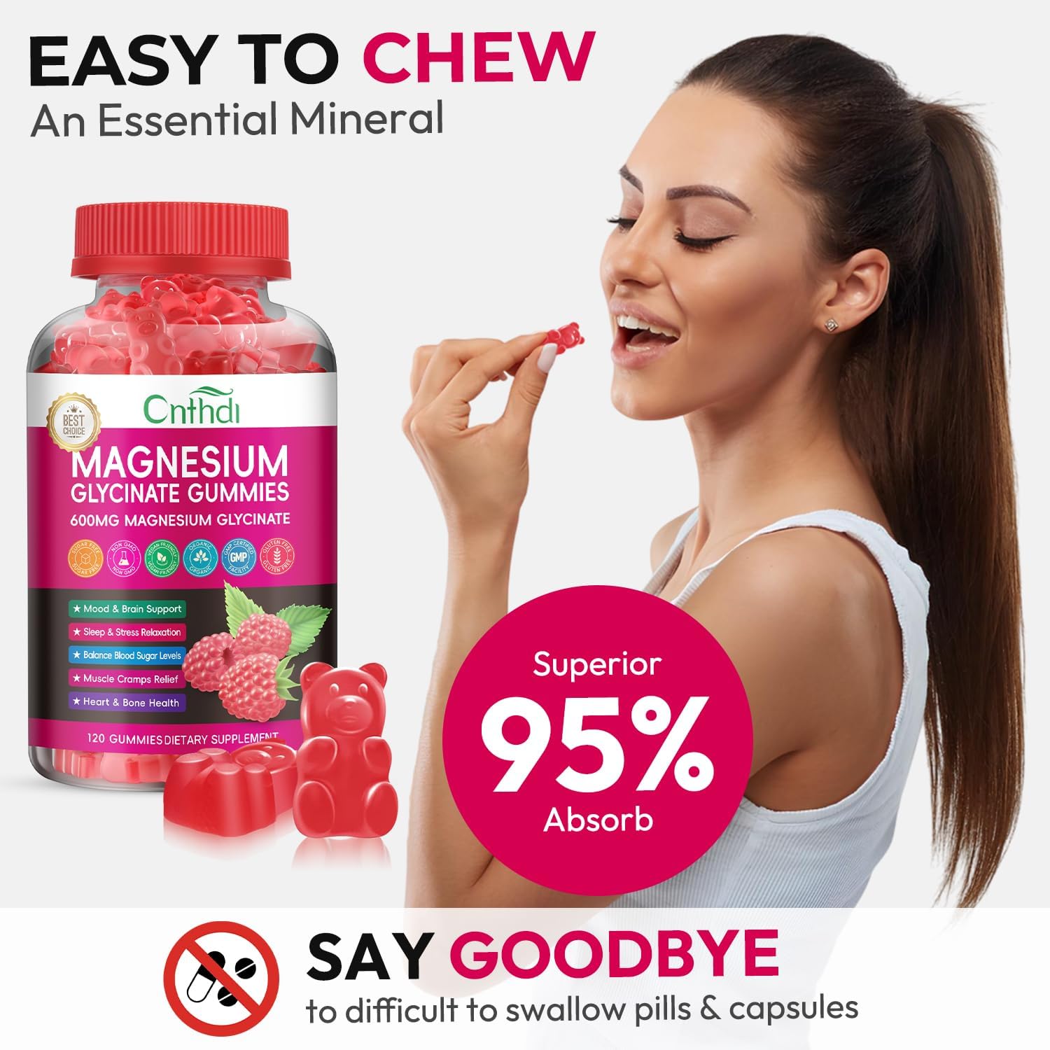 Magnesium Glycinate Gummies 600mg, High Absorption Magnesium Gummies with L-Threonate, Calcium, Vitamin B6, D3, Sugar Free Chews for Adults & Kids Relaxation, Stress Relief, Night Rest