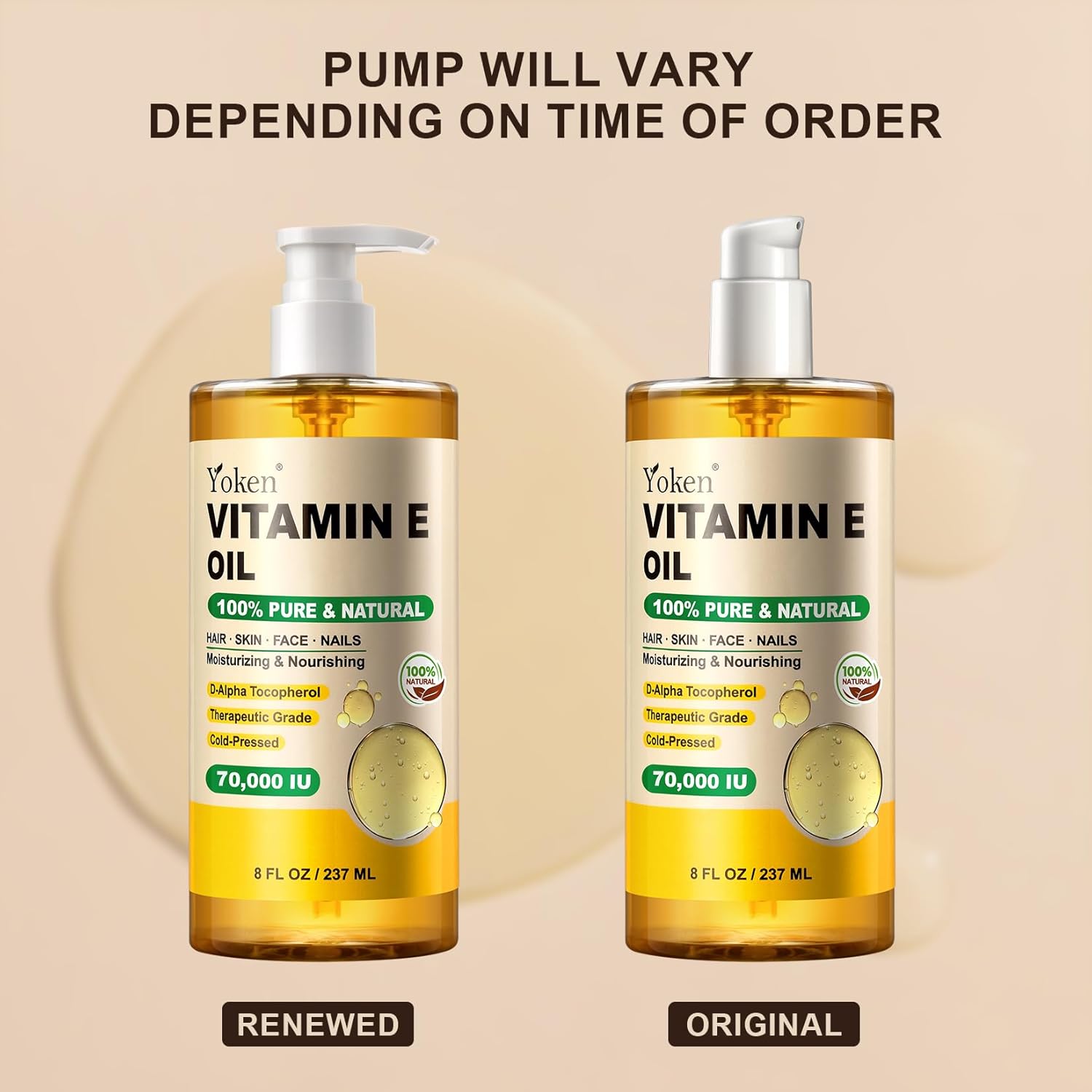 Yoken Vitamin E Oil 8 Fl Oz Organic Vitamin E oil for Skin 70,000 IU Vitamine oils for Scars Hair,Face,Nail,Scalp Perfect Bath and Body Oil Cold Pressed Hexane Free Non-GMO Gluten Free Formula