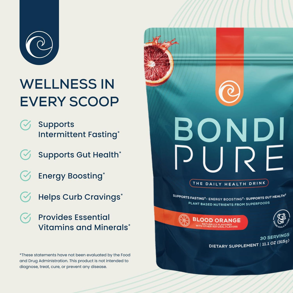 Bondi Pure - Daily Health & Detox Drink - Promote Gut Health & Energy Support During a Cleanse or Intermittent Fasting - Plant-Based Fibers, Alkalizing Super Greens - Blood Orange (3-Pack)