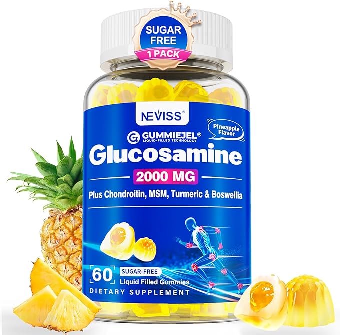 Glucosamine 2000mg Filled Gummies, Extra Strength Glucosamine Chondroitin MSM and Turmeric Supplement for Men & Women, w/Boswellia, Hyaluronic Acid, VIT D3 & Zinc, Sugar Free, Pineapple Flavor, 60Cts