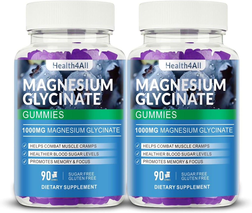 Magnesium Glycinate Gummies 1000mg, High Absorption Sugar Free Magnesium Potassium Supplement for Relaxation, Stress Relief, and Sleep Support for Adults & Kids - 180 Blueberry Gummies