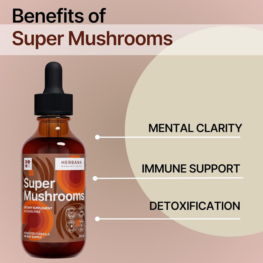 Super Mushrooms 8-in1 - 2 fl oz Liquid Extract - Brain Booster & Immune Support Drops - Reishi, Lion`s Mane, Cordyceps, Chaga, Mitake, Turkey Tails, Shiitake, Agaricus - High Potency - 45-Day Supply