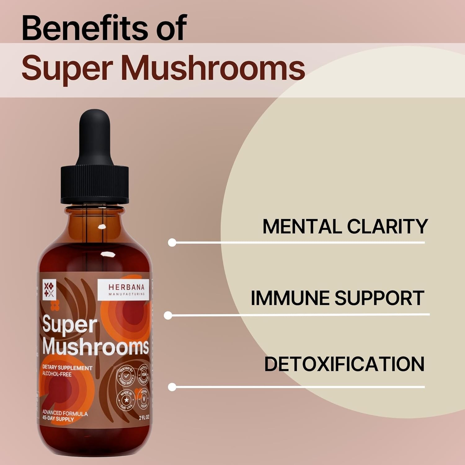 Super Mushrooms 8-in1 - 2 fl oz Liquid Extract - Brain Booster & Immune Support Drops - Reishi, Lion`s Mane, Cordyceps, Chaga, Mitake, Turkey Tails, Shiitake, Agaricus - High Potency - 45-Day Supply