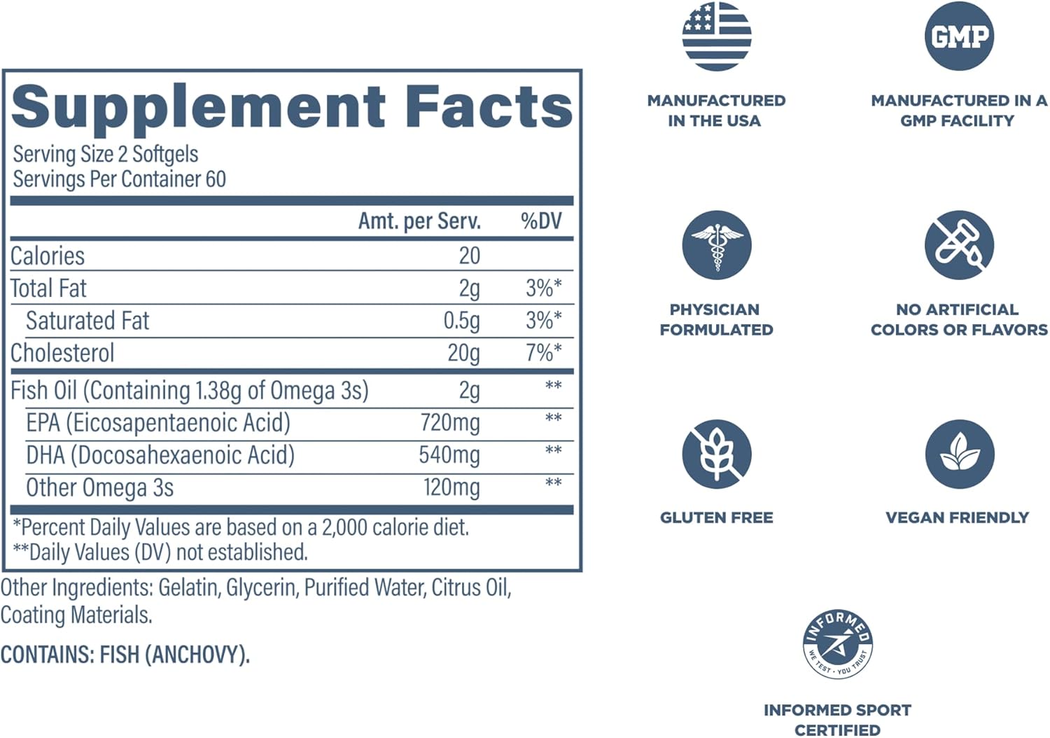Revive MD Omega 3 Fish Oil Supplements for Men & Women - Omega 3 Softgels with EPA & DHA Fatty Acids for Healthy Skin & Joints, Heart & Brain Support - Vegan-Friendly, Gluten-Free - 120 Softgels