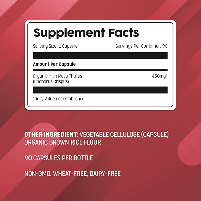 Ocean Optima Organic Sea Moss Capsules (Chondrus crispus) for Skin, Nail, Hair, and Gut, Naturally Occurring Kosher Iodine for Thyroid Support, Single-Ingredient Wild Irish Seamoss, Vegan, 90 Servings