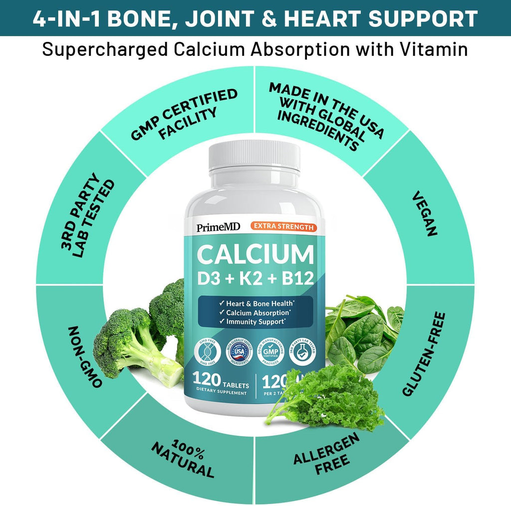 4-in-1 Calcium 1200 mg With Vitamin D3 Supplements for Women and Men - Calcium Extra Strength with Vitamin D3 K2 5000 IU Supplement,1200 mg per serving -Free - Vegan-Friendly (120 count) (Pack of 1)
