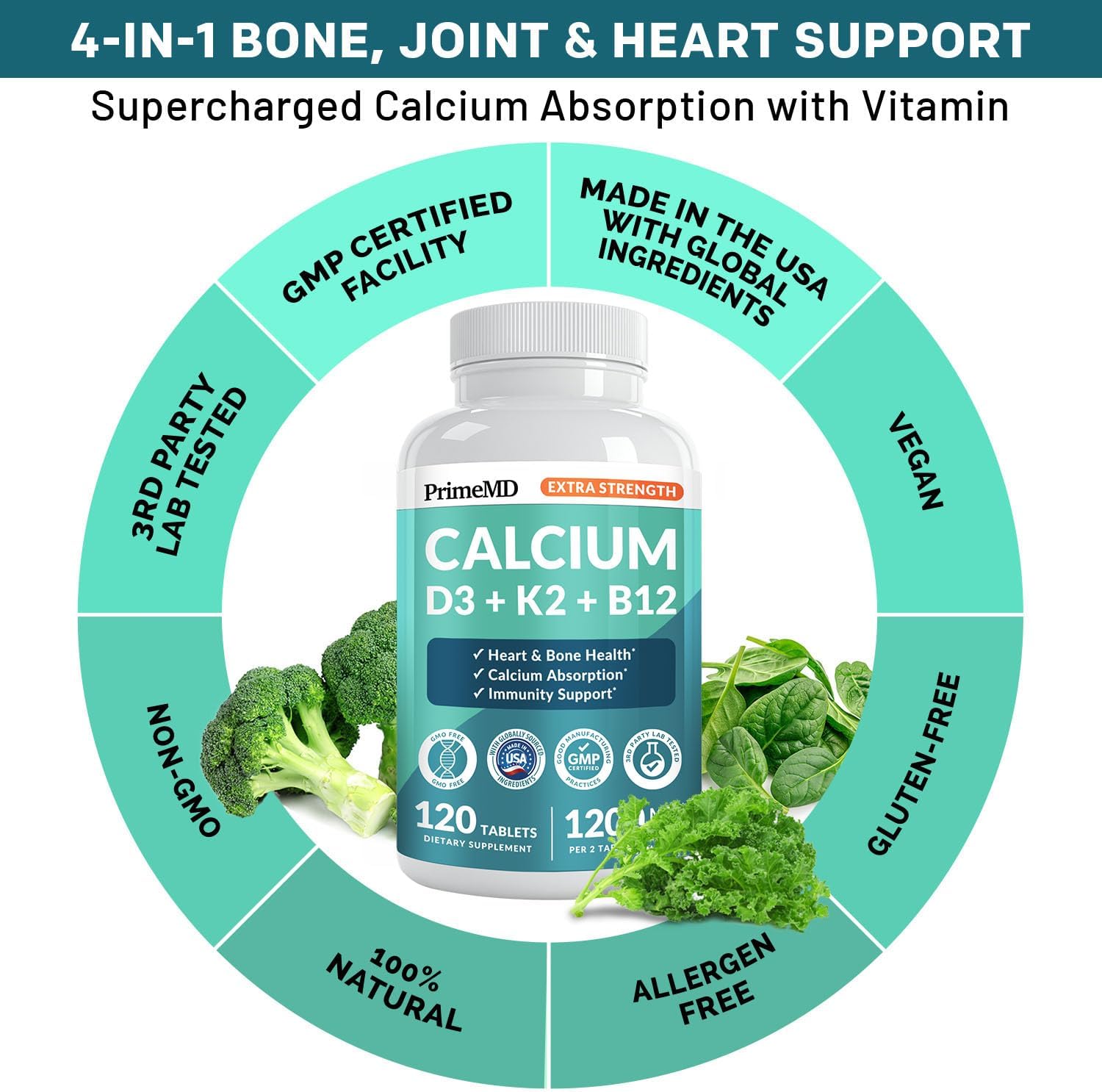4-in-1 Calcium 1200 mg With Vitamin D3 Supplements for Women and Men - Calcium Extra Strength with Vitamin D3 K2 5000 IU Supplement,1200 mg per serving -Free - Vegan-Friendly (120 count) (Pack of 1)