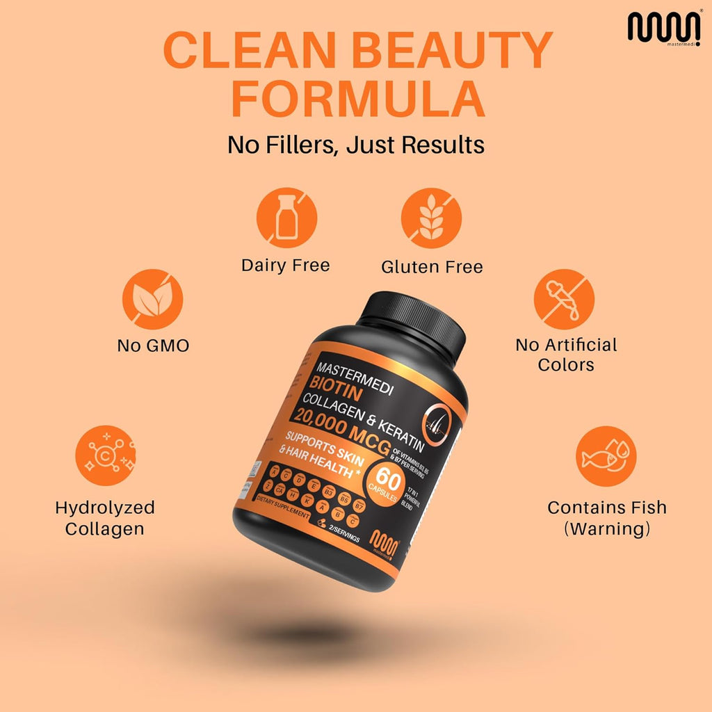 mastermedi Biotin 20,000mcg with Collagen, Keratin & Hyaluronic Acid – Hair, Skin & Nail Support – 60 Capsules, 2-Month Supply – Zinc, Vitamins A–E, Bamboo & Amla Extract – Non-GMO, Gluten-Free