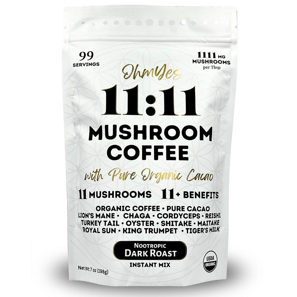OhmYes 11 Mushroom Coffee + Cacao – Organic Nootropic Superfood Blend with Lion’s Mane, Reishi, Chaga, Cordyceps & Theobromine – Natural Brain Supplement for Memory, Focus & Energy (7 oz)