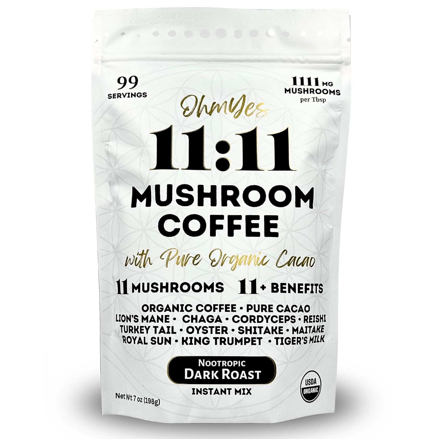 OhmYes 11 Mushroom Coffee + Cacao – Organic Nootropic Superfood Blend with Lion’s Mane, Reishi, Chaga, Cordyceps & Theobromine – Natural Brain Supplement for Memory, Focus & Energy (7 oz)