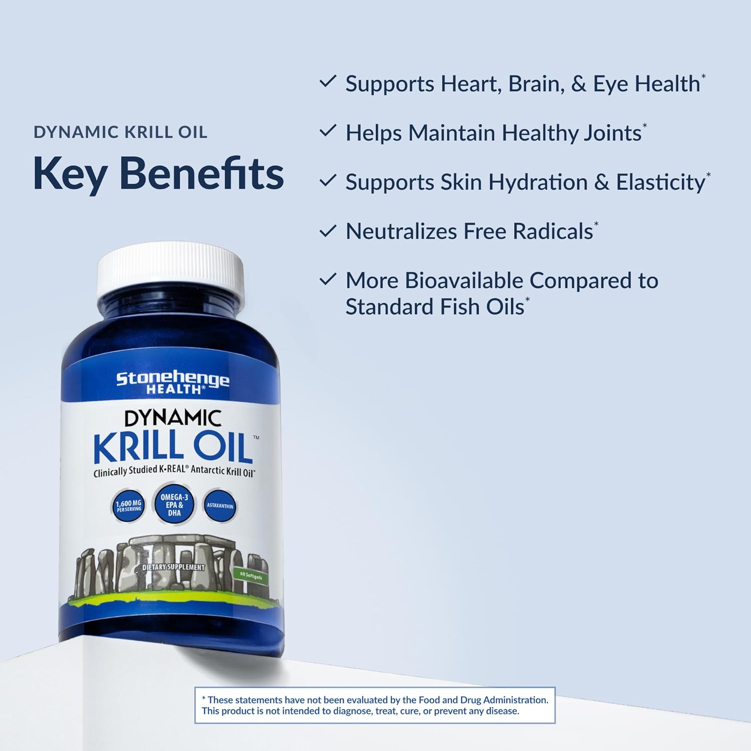 Stonehenge Health Dynamic Krill Oil 1600mg – Triple Strength Antarctic Omega-3 Supplement with EPA, DHA, Phospholipids & 2mg Astaxanthin – Supports Heart, Brain, Skin, Joint & Eye Health – 60 Softgels