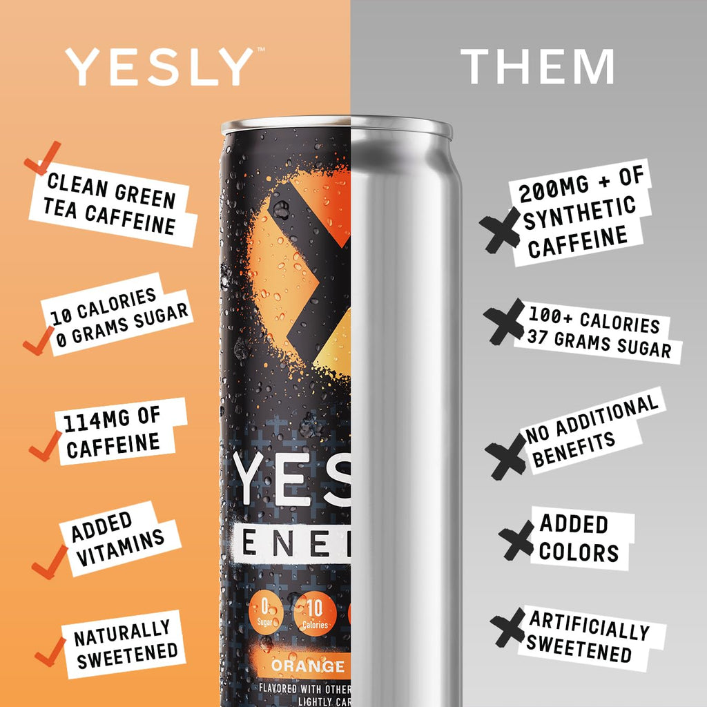 Yesly Energy - All Natural Clean Energy Drink - Zero Sugar Functional Energy – 114mg of Green Tea Extracted Caffeine Per Serving - Variety Pack, 12 Fl Oz (Pack of 12) (12 Fl Oz (Pack of 12), Orange Cream)