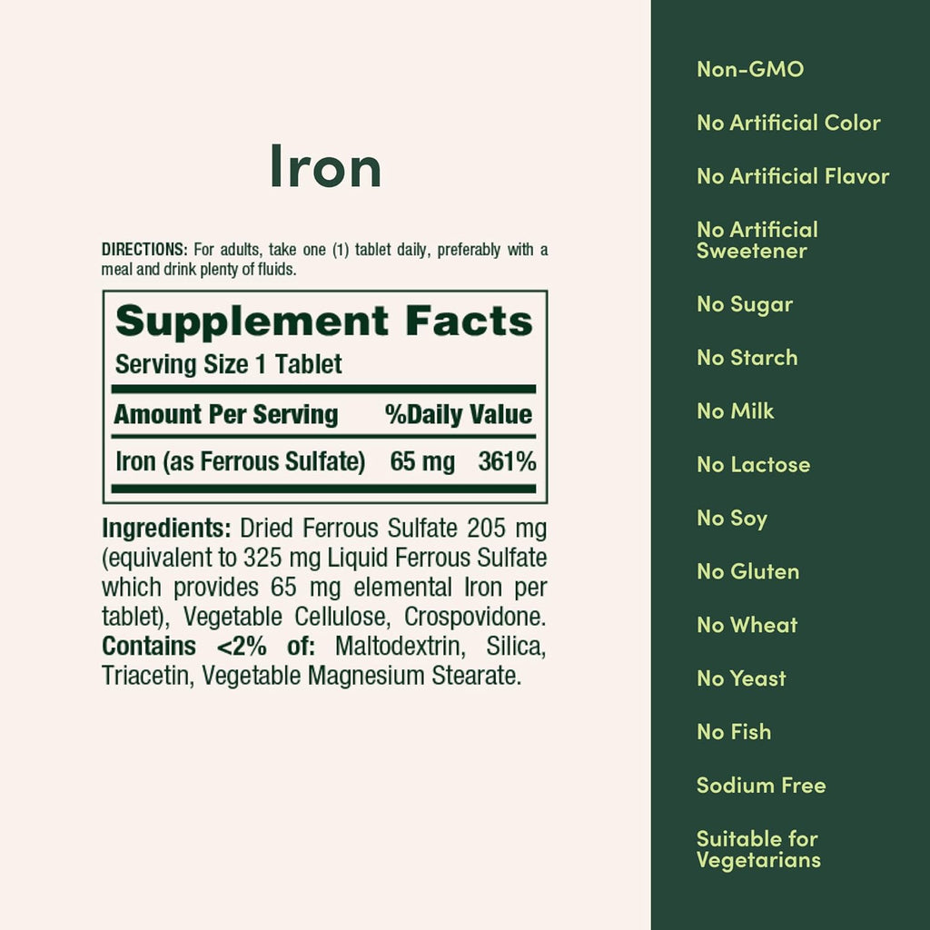 Nature’s Bounty Iron 65mg, 325 mg Ferrous Sulfate, Cellular Energy Support, Promotes Normal Red Blood Cell Production, 1 Serving Per Day, Gluten Free, 100 Vegetarian Tablets