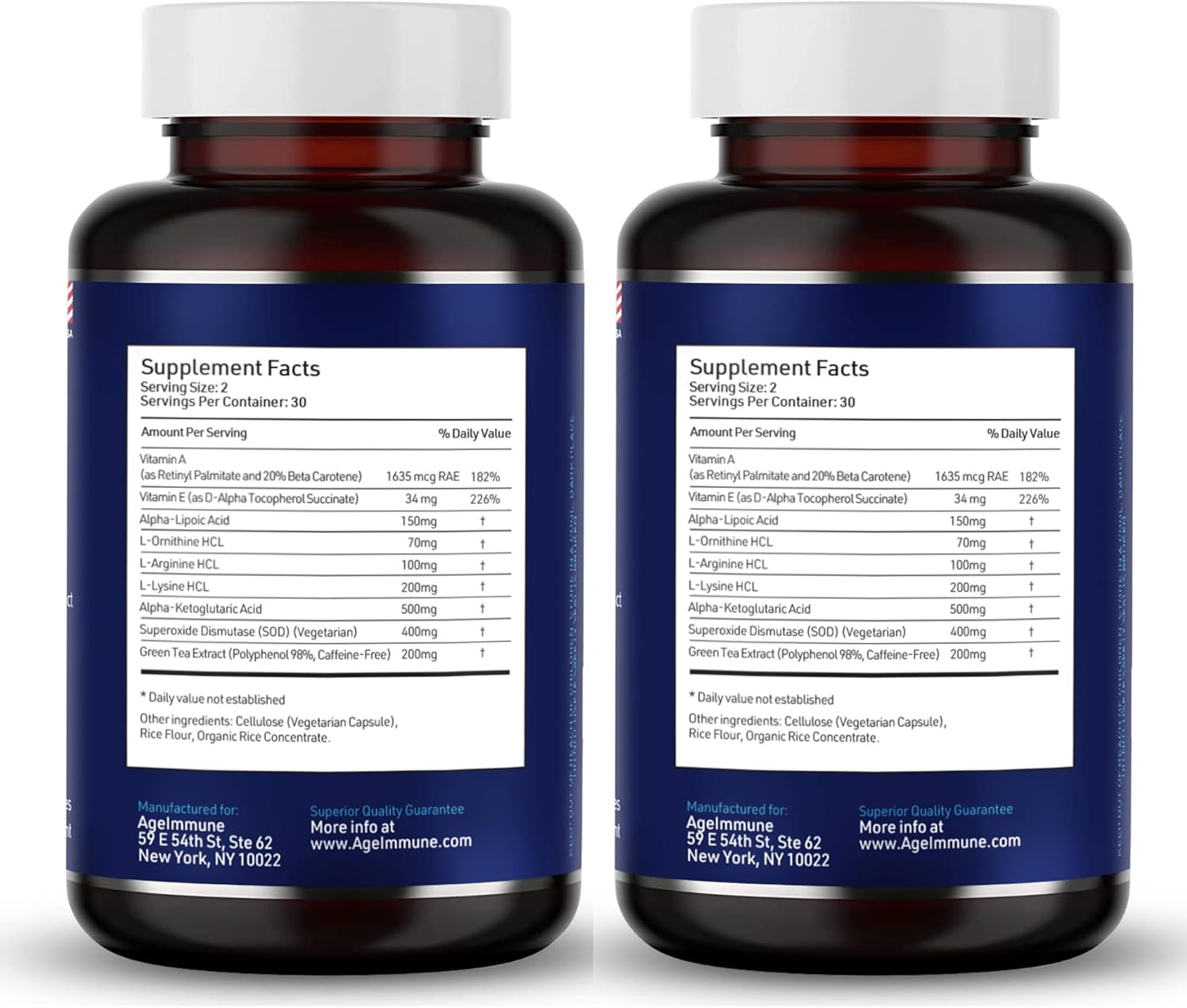 SOD Antioxidants Complex Healthy Aging Supplement, 400mg of Superoxide Dismutase, Alpha Lipoic Acid, Green Tea Extract, L-Arginine, Lysine, AKG, Vitamin A, Vitamin E - 60 Capsules -2 Bottles