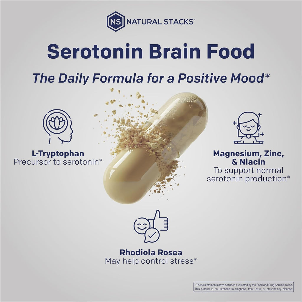 Serotonin Brain Food - 1250mg L-Tryptophan & 400mg Rhodiola Rosea Supplement - Mood Support Supplement for Stress Relief - Neurotransmitter Support with Magnesium Glycinate & Zinc - 60 Capsules