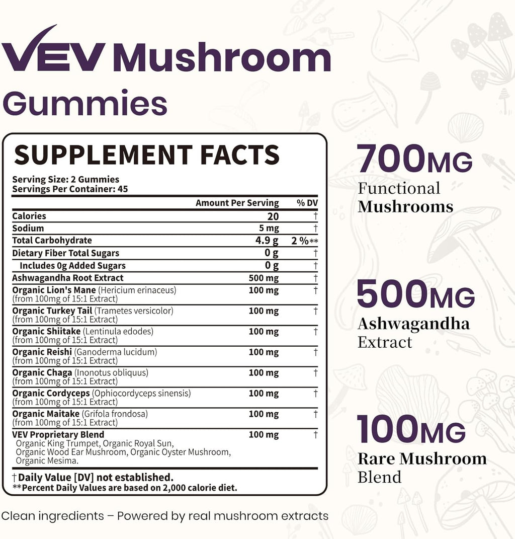 VEV Mushroom Gummies for Adults - 12x Mushroom Supplement with Lions Mane, Reishi, Cordyceps, and Turkey Tail - Ashwagandha - 90 Vegan Gummies