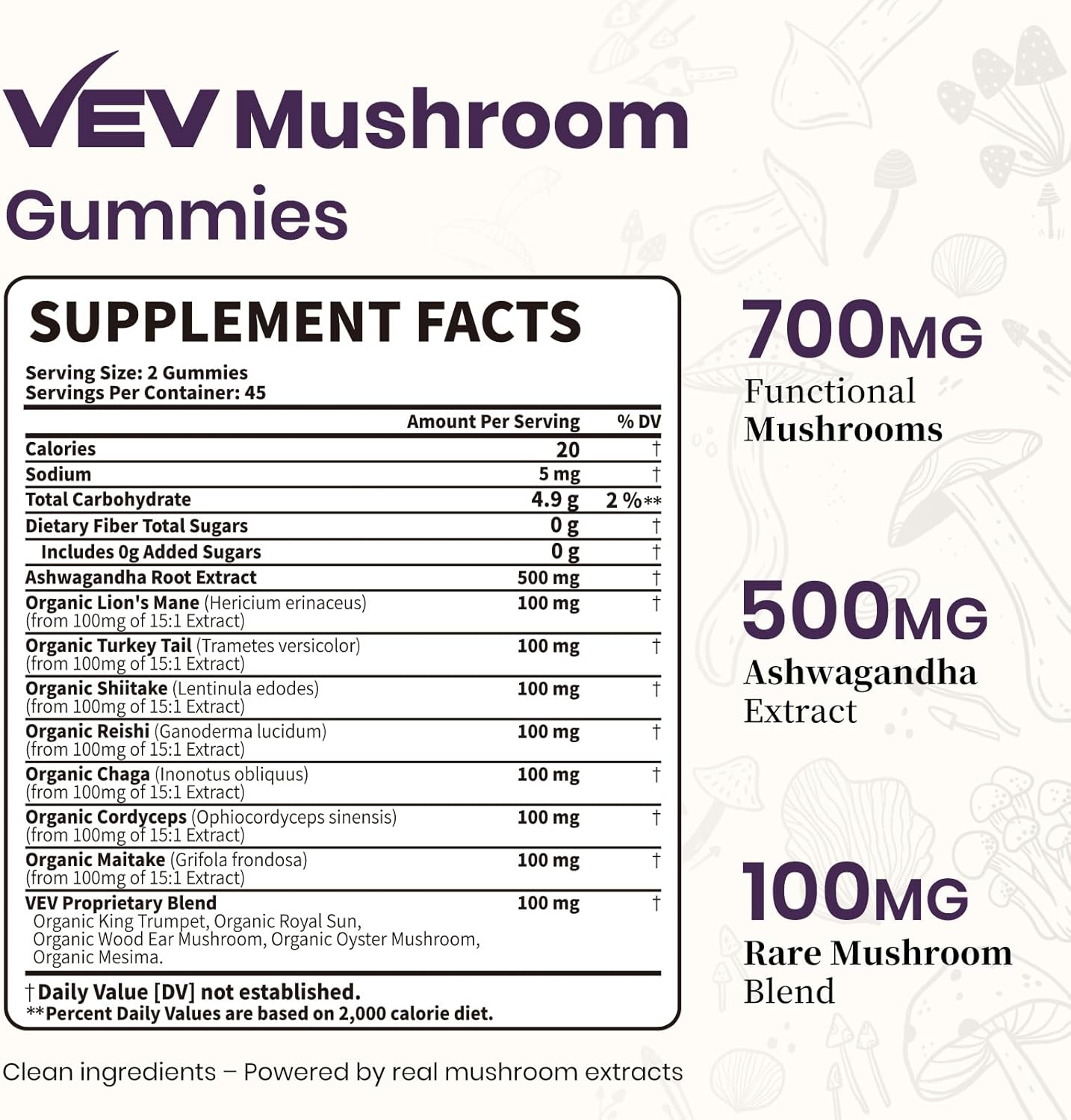 VEV Mushroom Gummies for Adults - 12x Mushroom Supplement with Lions Mane, Reishi, Cordyceps, and Turkey Tail - Ashwagandha - 90 Vegan Gummies