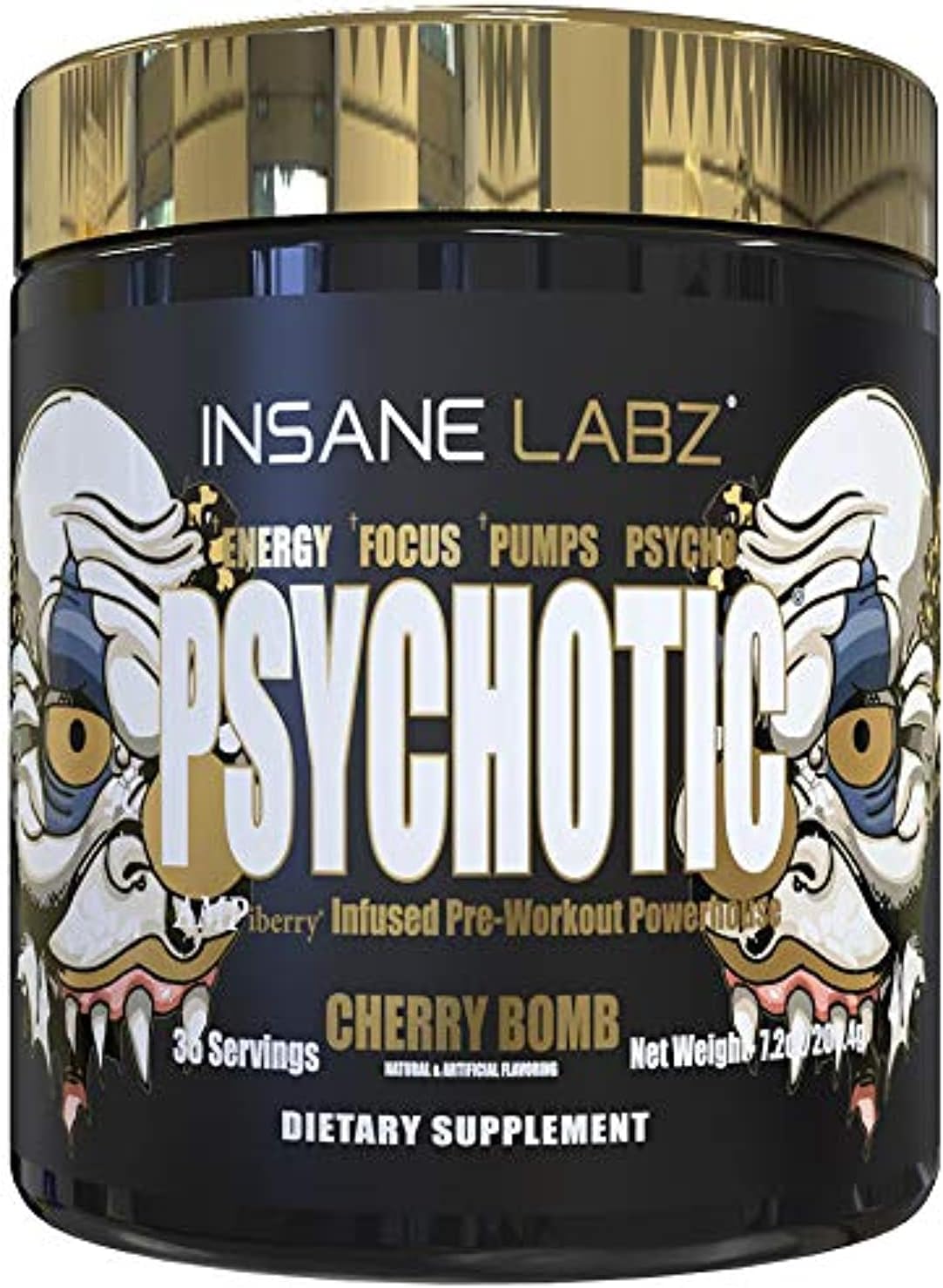 Insane Labz Psychotic Gold, High Stimulant Pre Workout Powder, Extreme Lasting Energy Focus, Pumps and Endurance with Beta Alanine, DMAE Bitartrate, NO Booster (35 Servings, Cherry Bomb)
