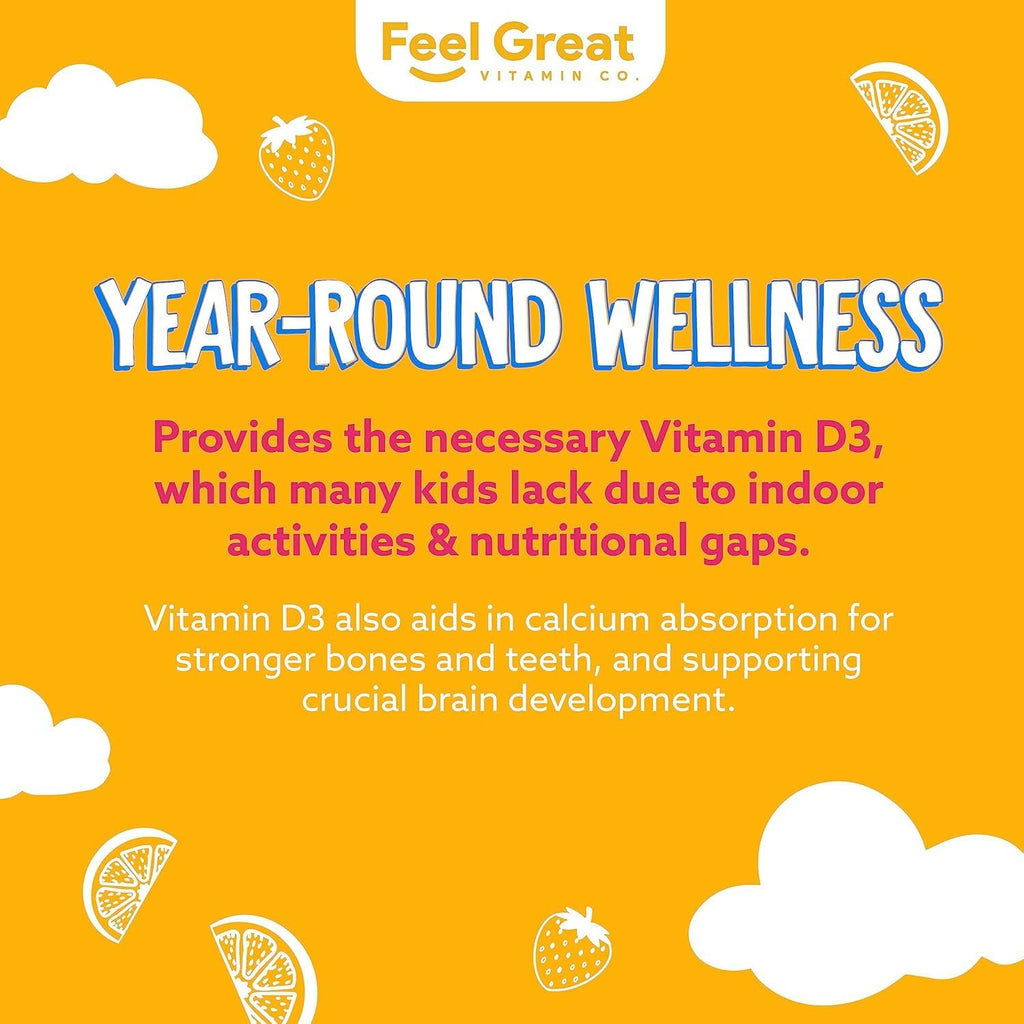 Vitamin D3 1000IU Gummy Vitamins for Kids (60 Day Supply) by Feel Great Vitamin Co | 60 Gummies | Delicious Plant Based Gummies | Supports Healthy Bones, Teeth, Mood, Immune System*