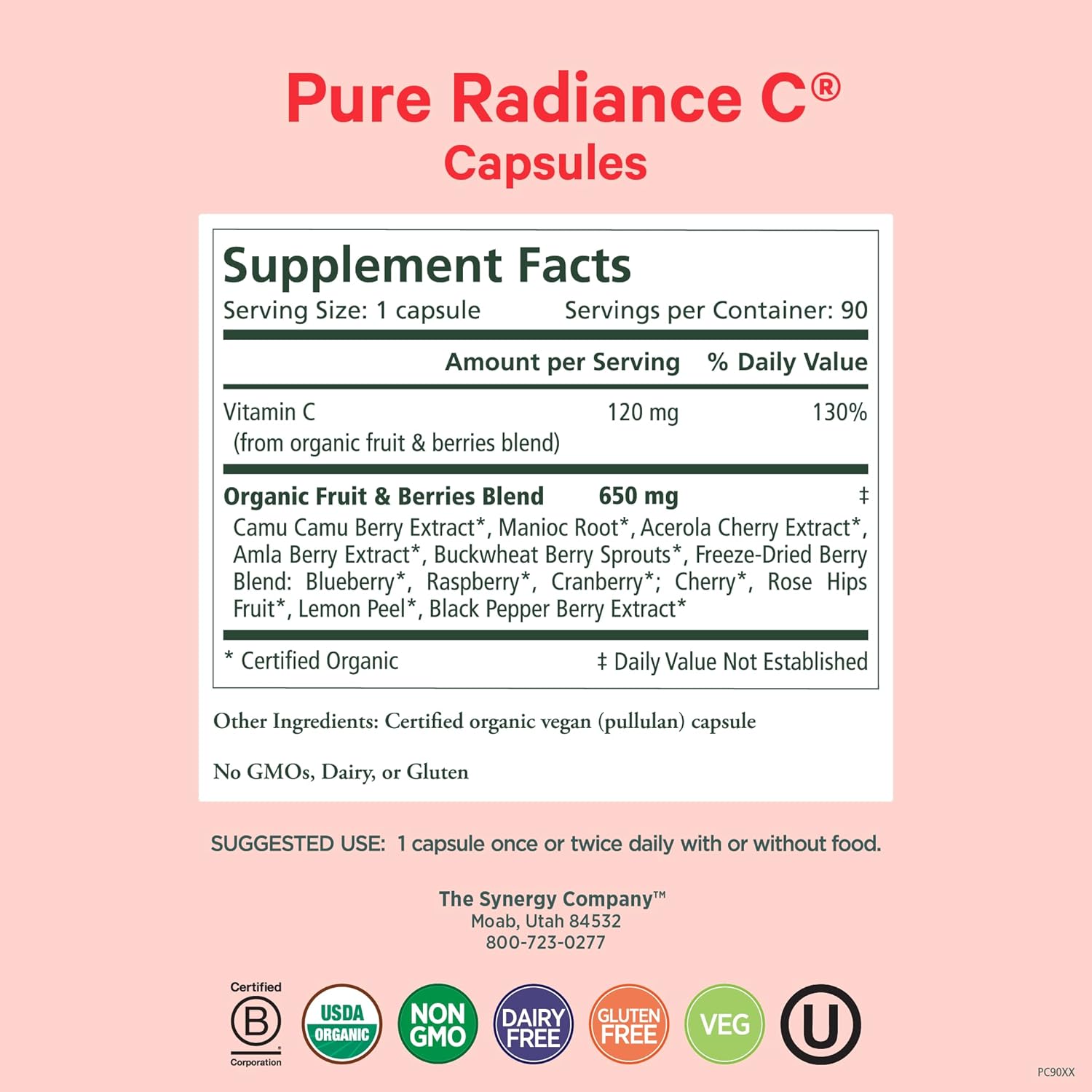 PURE SYNERGY Pure Radiance C – Organic Vitamin C Capsules | 100% Whole Food Supplement, Non-GMO, Camu Camu Extract with Natural Immune & Collagen Support – 90 Capsules