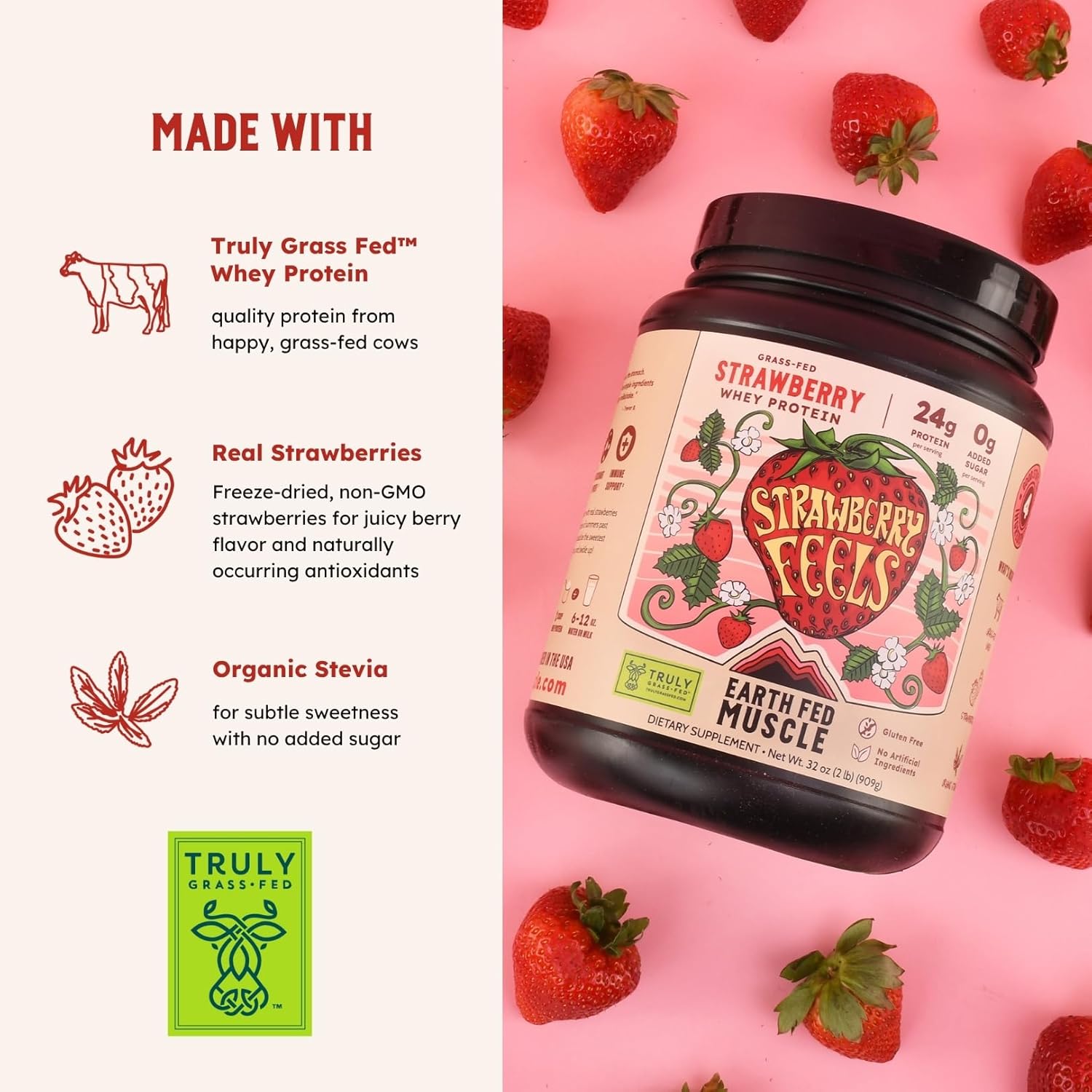 Earth Fed Muscle Strawberry Feels (Forever) – Irish Truly Grass‑Fed Whey Protein Isolate, No Sugar, Soy‑Free, Gluten‑Free (2 lb, 29 Servings, Strawberry)