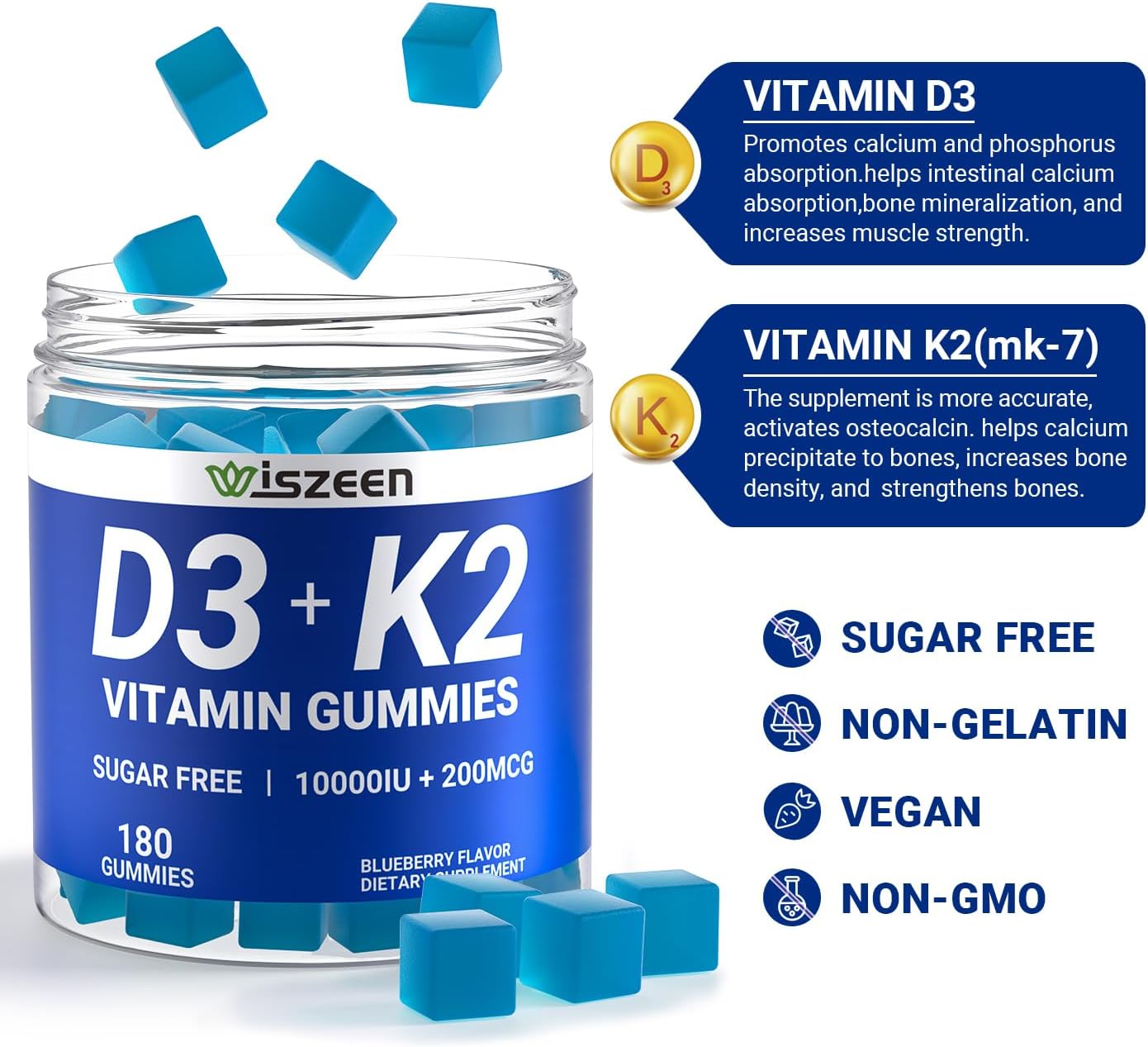 Sugar-Free Vitamin D3 K2 Gummies, Vitamin D3 10000iu & Vitamin K2(MK7) 200mcg with Calcium, Magnesium, Vitamin B12 for Bone Muscle Teeth Immune, Vegan