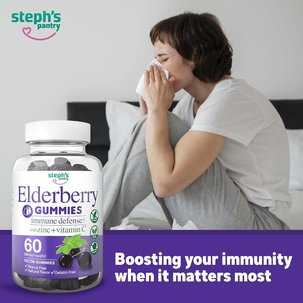 Elderberry Gummies with Vitamin C and Zinc - Immune Booster Elderberry Gummies For Adults and Kids - Vegan Natural Ingredients Defense Multivitamins with Antioxidant Support (60 Gummies)
