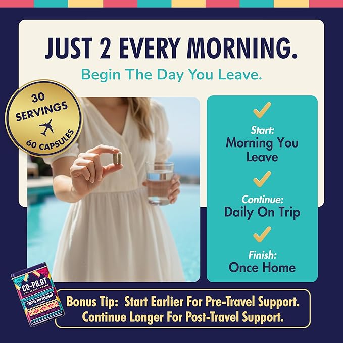 Travel Vitamin Supplement for Flight and Daily, Jet Lag, Energy, Immune, Digestion Support, Promote Calmness with Ashwagandha, Rhodiola, Chia & D3 for Better Sleep & Mood | Vegan, 60 Count