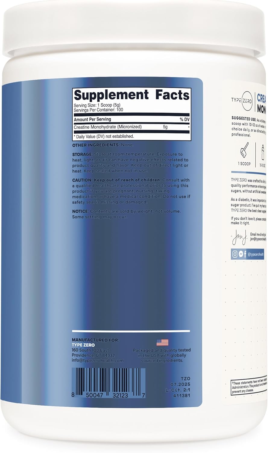 Type Zero Creatine Monohydrate Powder (Unflavored | 500g), 5000 mg Per Serving, Micronized, Zero Sugar, Keto Friendly & Gluten Free, 100 Servings