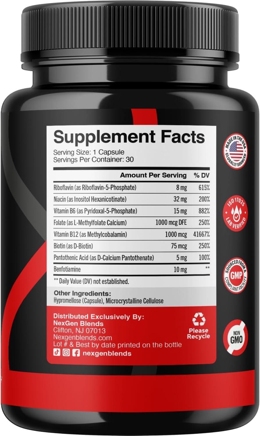 Methylated B Complex Vitamin Supplement - Bioactive Methyl B Complex with 5-MTHF Methyl Folate & B12 Methylcobalamin for Brain Heart Energy & Homocysteine Support - Super Vitamin B Complex (30 count)