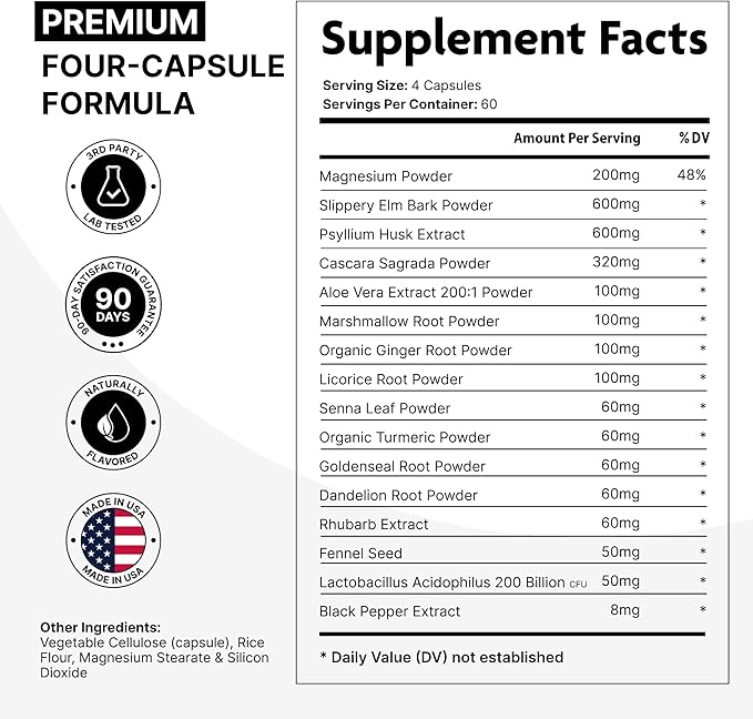 16 in 1 Slippery Elm Bark for Women & Men - Digestive Health & Leaky Gut Wellness Supplement - Probiotic, Psyllium Husk, Cascara, Magnesium & Marshmallow Root Complex - DGL Licorice Extract Capsules