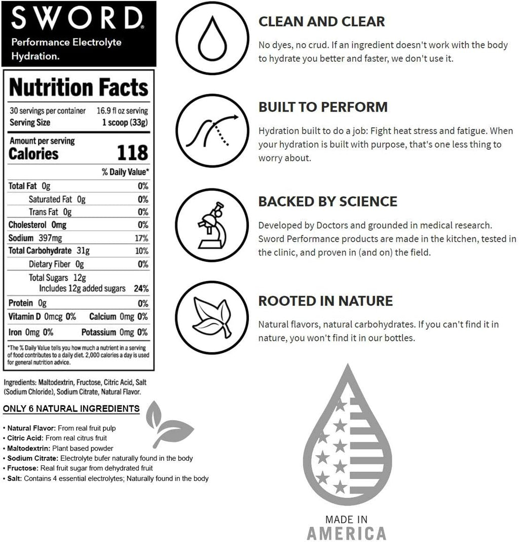 SWORD PERFORMANCE Electrolyte Replenisher Powder Drink Mix, Lemonade, 30-Serving Resealable Bag w/Scoop