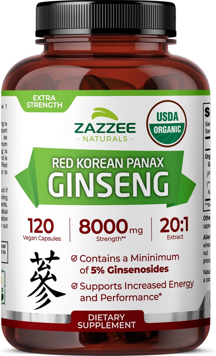 Zazzee USDA Organic Red Korean Panax Ginseng 20:1 Extract, 8000 mg Strength, 5% Ginsenosides, 120 Vegan Capsules, Standardized and Concentrated 20X Root Extract, 100% Vegetarian, All-Natural, Non-GMO