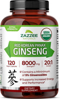 Zazzee USDA Organic Red Korean Panax Ginseng 20:1 Extract, 8000 mg Strength, 5% Ginsenosides, 120 Vegan Capsules, Standardized and Concentrated 20X Root Extract, 100% Vegetarian, All-Natural, Non-GMO