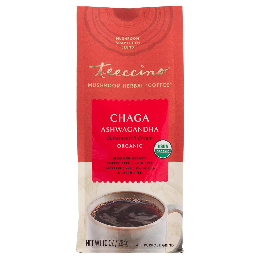 Teeccino Chaga Ashwagandha Coffee Alternative - Butterscotch Cream - Organic, Adaptogenic Herbal Mushroom Coffee, Medium Roast, Caffeine Free, Prebiotic, Acid Free, Gluten Free - 10 oz (Pack of 6)