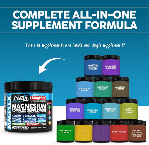 8in1 Magnesium Supplement Complex | Magnesium Glycinate Citrate Malate Gluconate Orotate Carbonate Lactate + Prebiotics Probiotics Digestive Enzymes Magnesio Capsules for Women Men by Clean Nutra