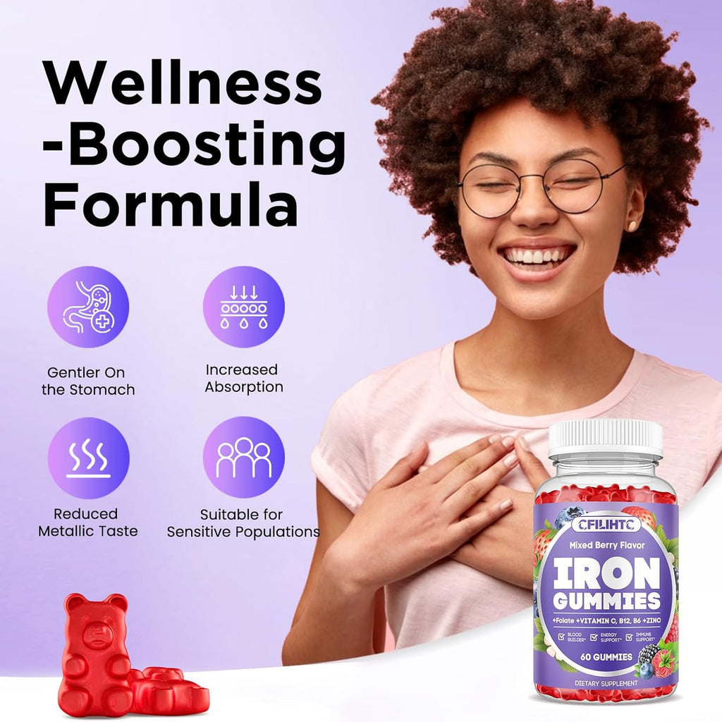 Iron Gummies for Women & Men - Iron Supplement with Vitamin B6, B12, C, Zinc, Folate for Adults & Kids - Support Iron Deficiency, Anemia, Energy Boost, Blood Builder - Sugar Free 60ct Mixed Berry