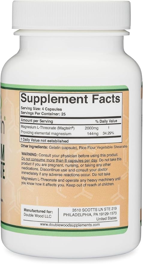 Magnesium L Threonate, Magtein, Sleep and Cognitive Support – High Absorption – Most Bioavailable Form of Magnesium – 2,000 mg – 120 Capsules