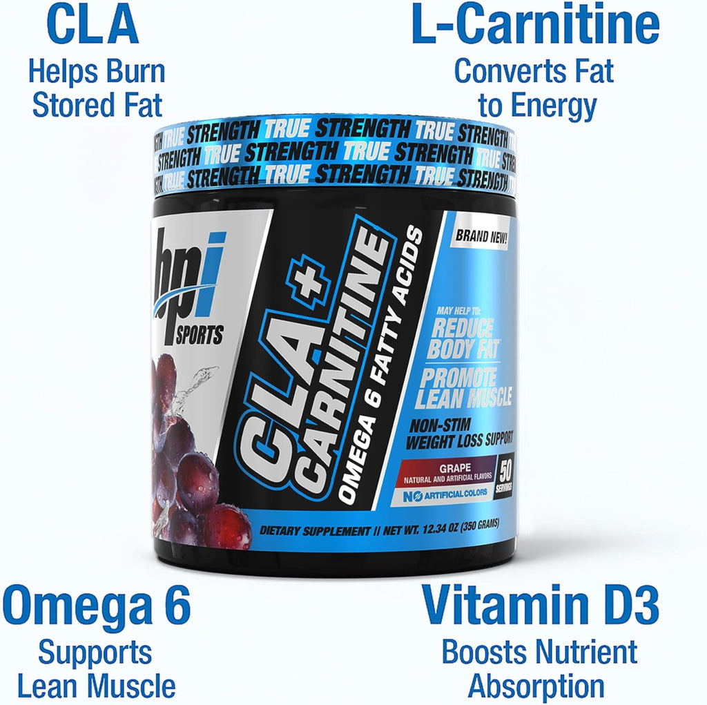 BPI Sports CLA+Carnitine – CLA L Carnitine & Linoleic Acid – L Carnitine Supplement for Weight Loss, Metabolism & Lean Muscle – Caffeine Free – Grape – 50 Servings – 12.34 oz