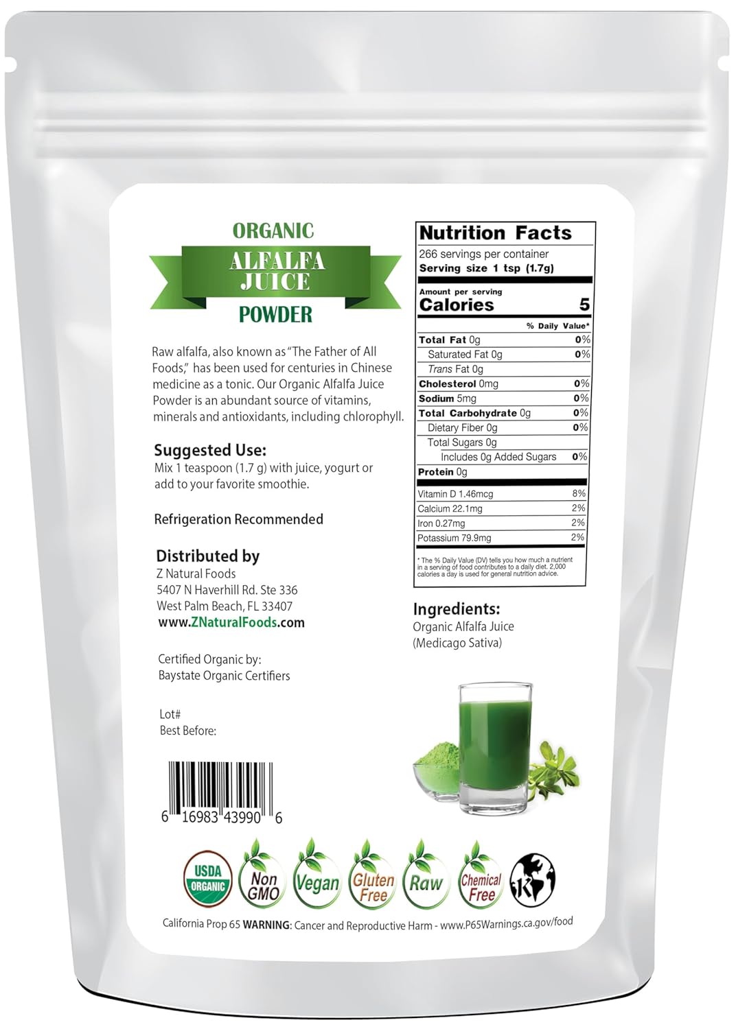Z Natural Foods Organic Alfalfa Juice Powder, Green Grass Superfood Powder, Mix in Smoothies, Drinks, Recipes - Raw, All Natural, Non GMO, Vegan, Gluten Free - 1 lb
