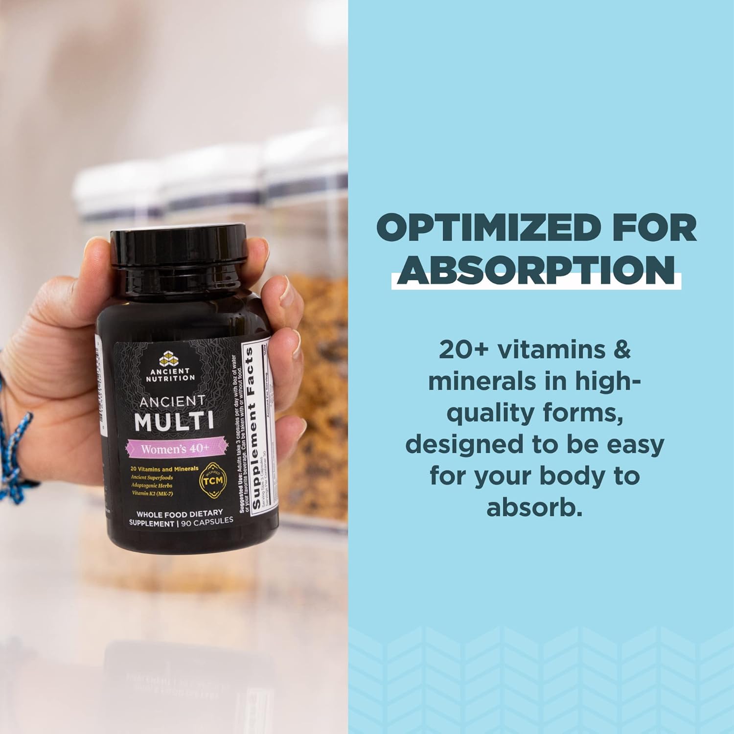 Ancient Nutrition Multivitamin for Women 40, Multi Vitamin and Immune Support with Vitamin D & C, 20 Vitamins and Minerals, Stress and Sleep Support, Supports Bone and Blood Health, 90 Capsules