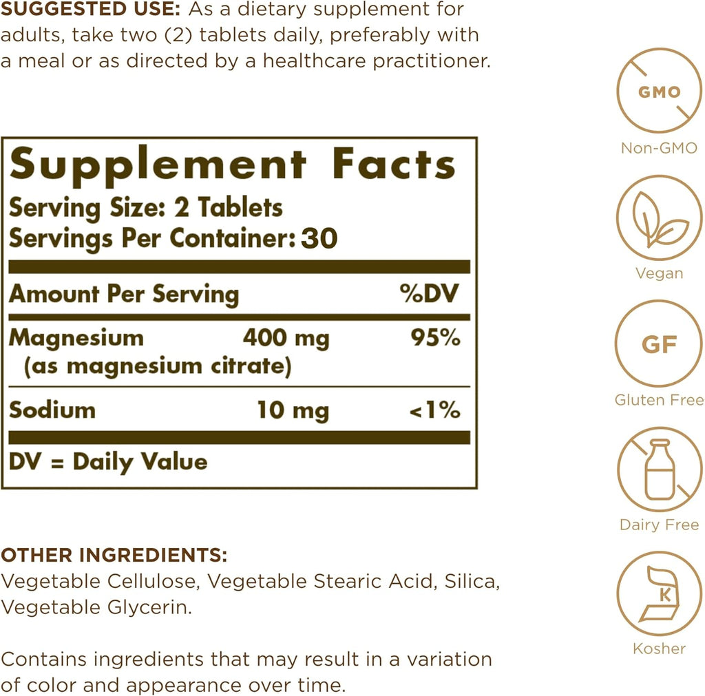 Solgar Magnesium Citrate - 60 Tablets - Supports Nerve & Muscle Function - Highly Absorbable - Non-GMO, Vegan, Gluten Free, Kosher - 30 Servings