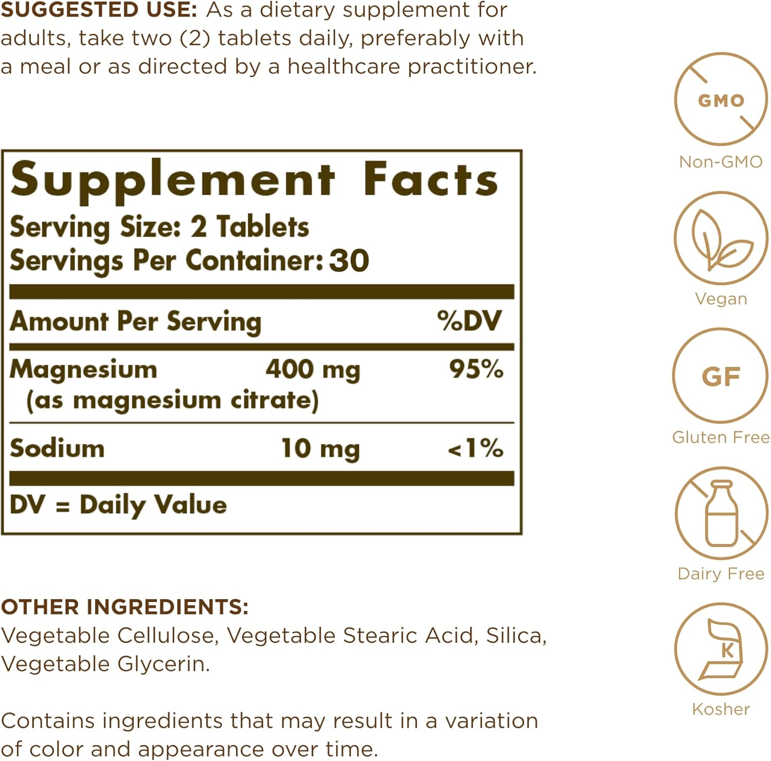 Solgar Magnesium Citrate - 60 Tablets - Supports Nerve & Muscle Function - Highly Absorbable - Non-GMO, Vegan, Gluten Free, Kosher - 30 Servings
