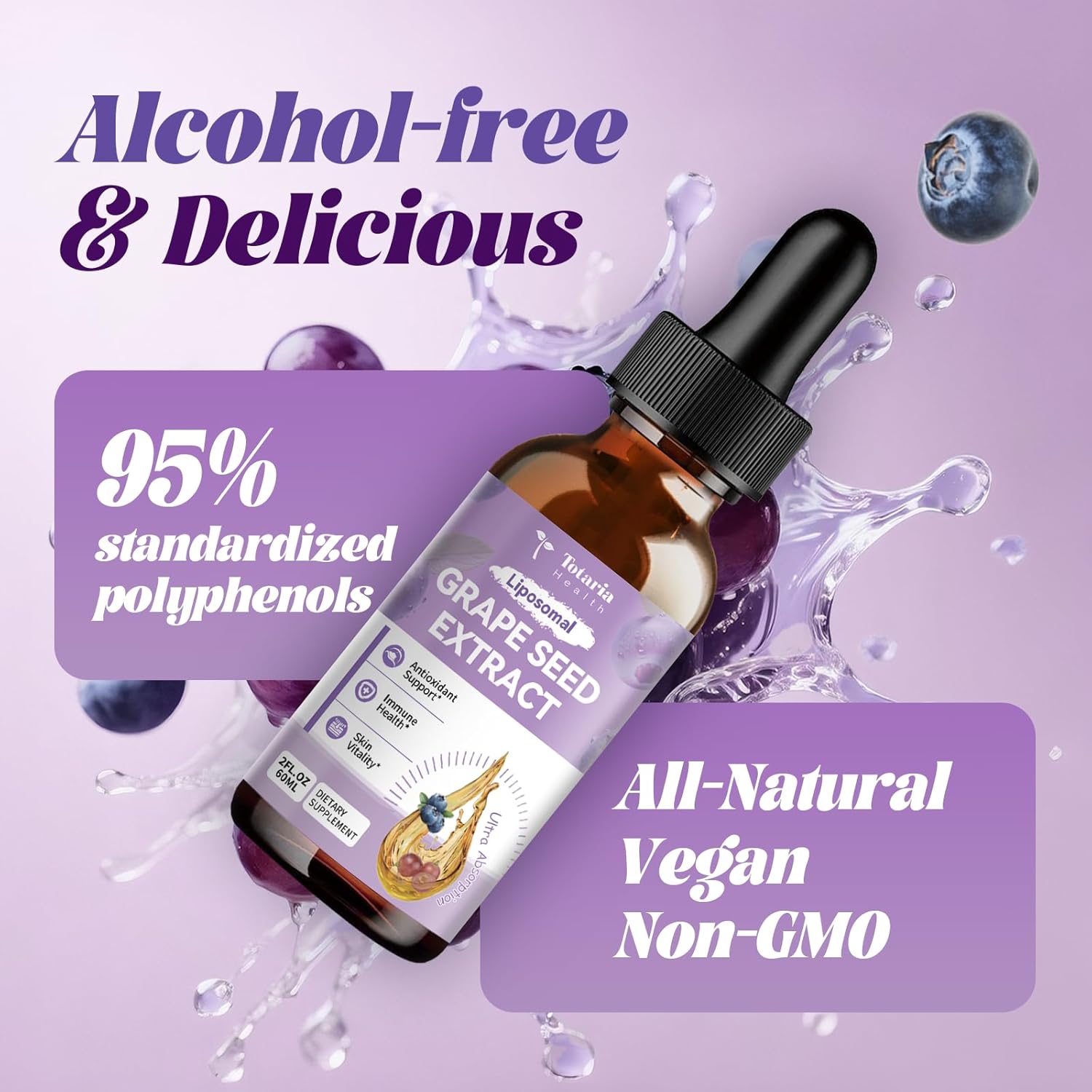 Grape Seed Extract Liquid Drops | High Potency 95% Polyphenols Antioxidant Supplement for Skin, Heart & Immune Support | Vegan, Gluten Free | Alcohol-Free & Non-GMO | 2FL